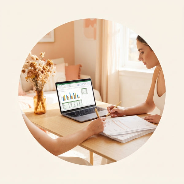A bride working on a laptop to manage wedding finances at a desk decorated with peach and cream elements.